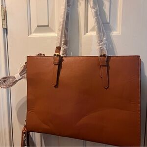 LOVEVOOK Dark Brown Laptop Tote Bag 15.6in with shoulder strip and wristlet.
